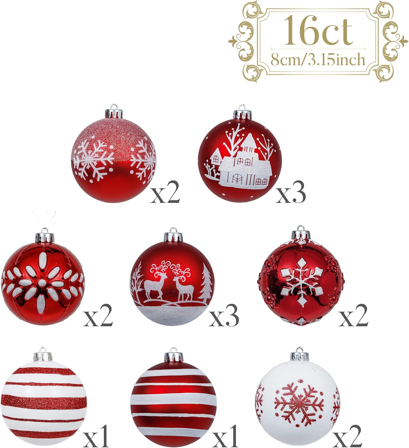 Valery Madelyn Christmas Ornaments Tree Decorations Set, 16ct Red and White Shatterproof Large Christmas Ball Ornaments Bulk, 3.15 Inch Traditional Hanging Ornaments for Xmas Trees Holiday Party Decor