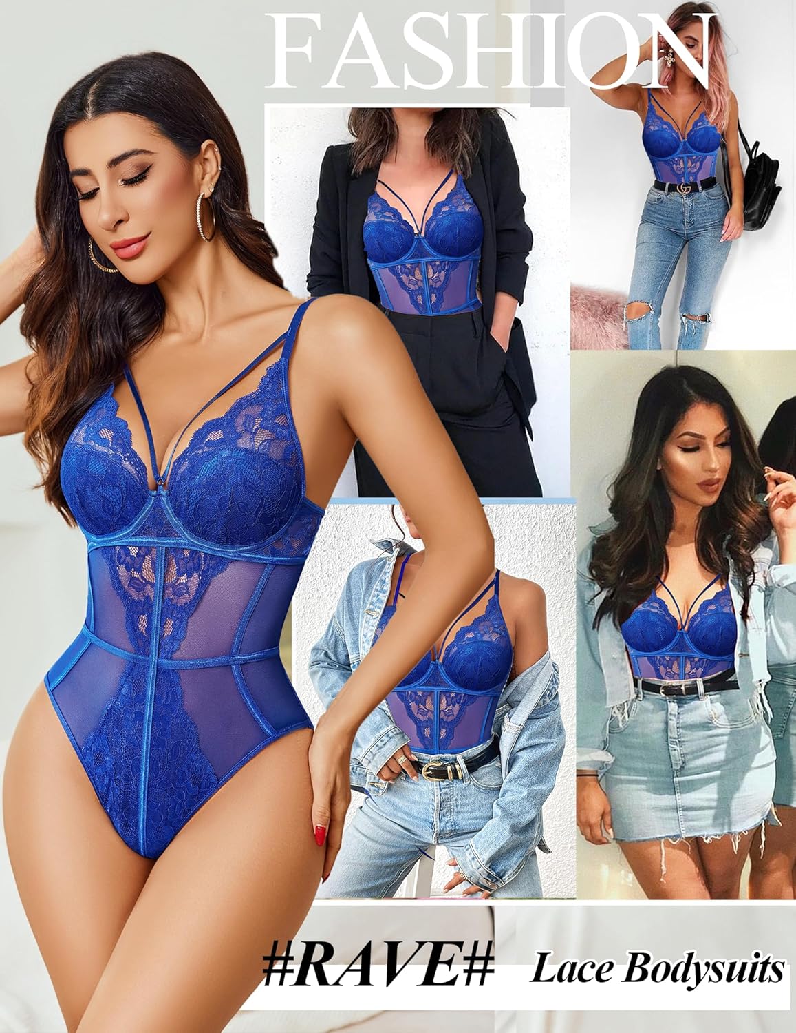 Avidlove Lace Lingerie for Women One Piece Mini Bodysuit Sexy Teddy Lingerie Snap Crotch Cutout Babydoll Sky Blue M - Image 2