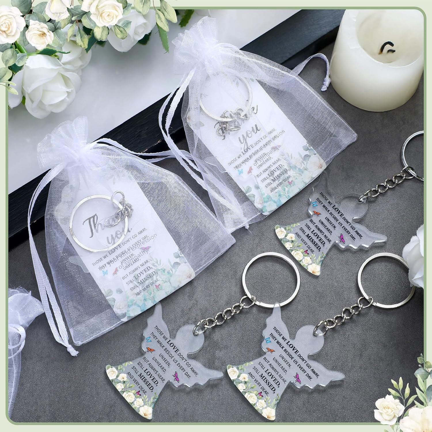 Equsion 60 Set Funeral Favors Celebration of Life Favors Acrylic Keychains for Funeral Memorial Party Guest Return Gifts(Angel)