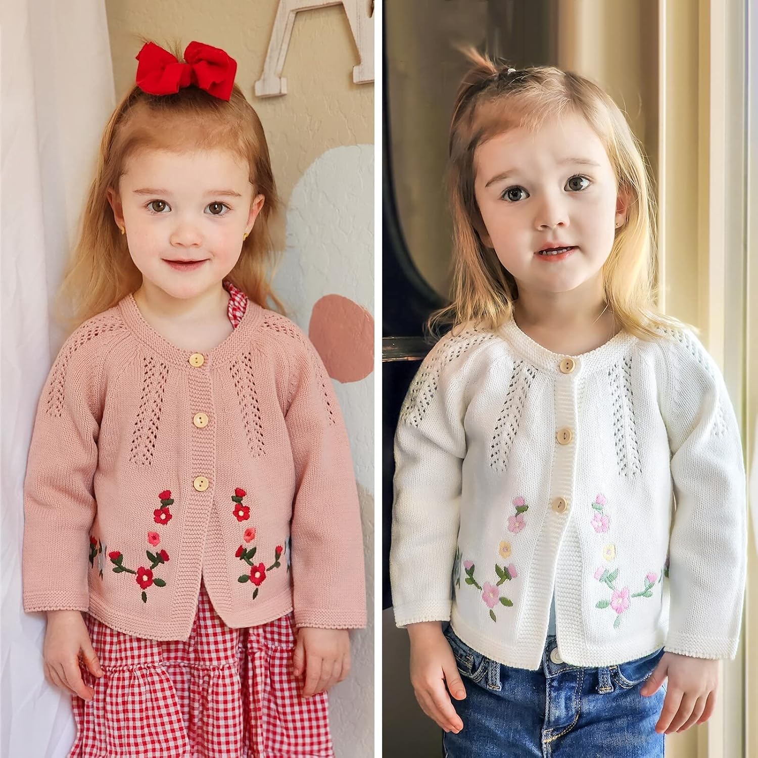 Simplee kids Baby Girl Thin Sweater Solid White Pink Cardigans for Toddler 0-3Years - Image 2