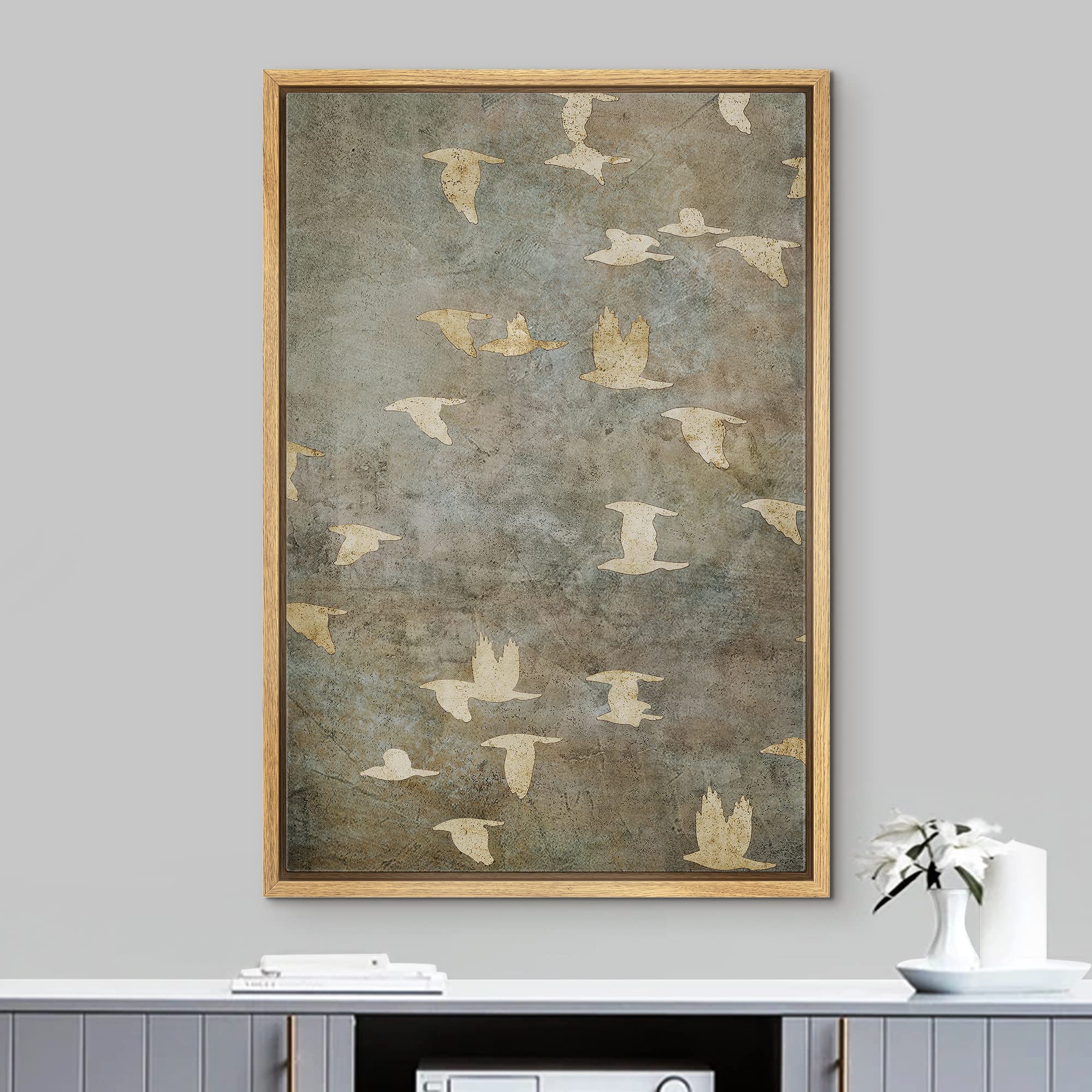 SIGNFORD Framed Canvas Print Wall Art Grunge Gold Flying Bird Collage Nature Wilderness Illustrations Modern Art Decorative Landscape Rustic Zen Colorful for Living Room, Bedroom, Office - 16"x24" Natural — view 2