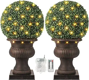 20” Artificial Plant Topiary Ball, Pre-Lit Artificial Topiary Plant with 50 Lights, Timer and Remote Control, Artificial Outdoor Porch Trees with Sturdy Pot for Outdoor Indoor,Red Urn Base 2 pcs
