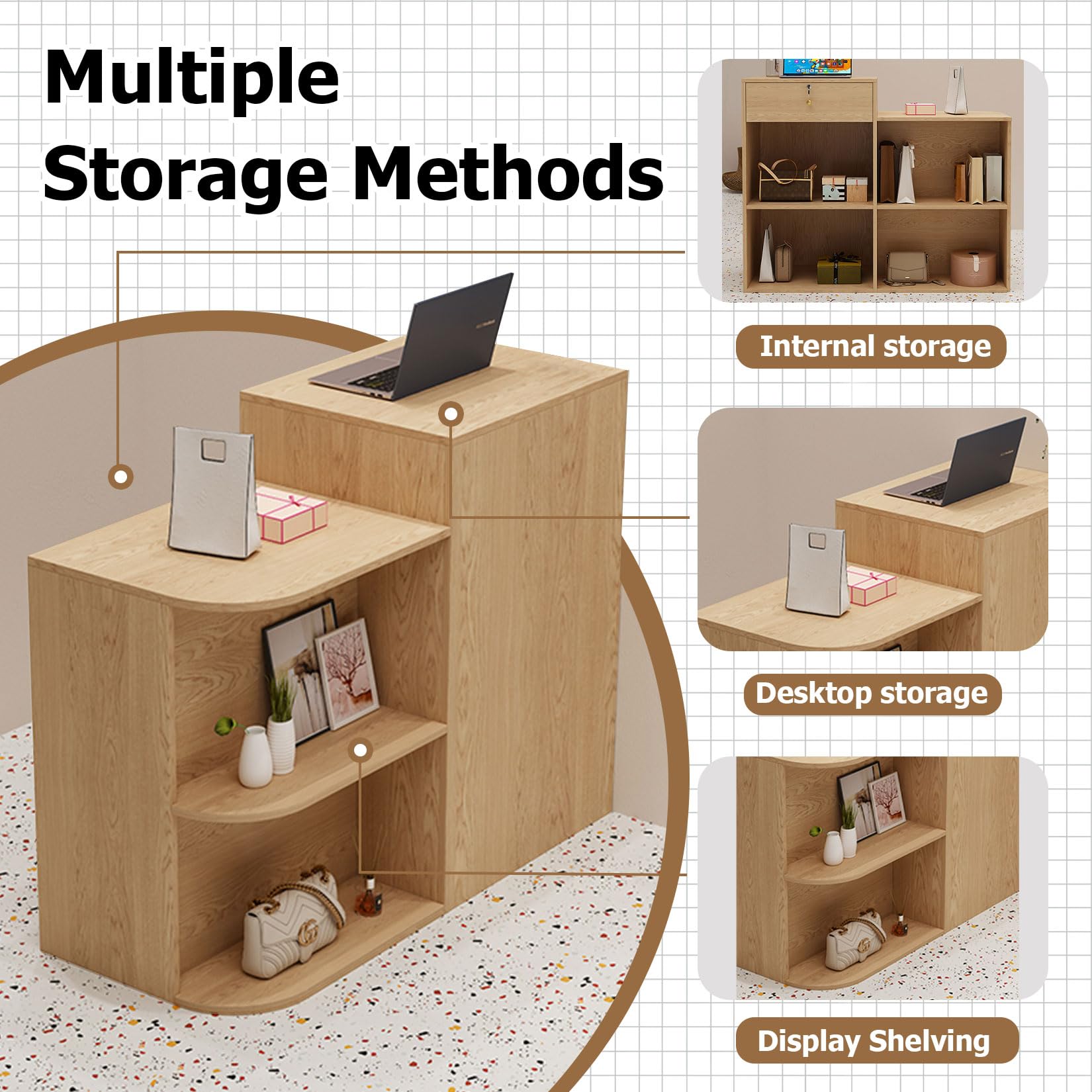 Moderno escritorio de recepción con estante de exhibición, elegante mostrador para pequeñas tiendas, hoteles, vestíbulos, spas y barberías, diseño funcional, 80 x 45 x 95 cm, solución para ahorrar