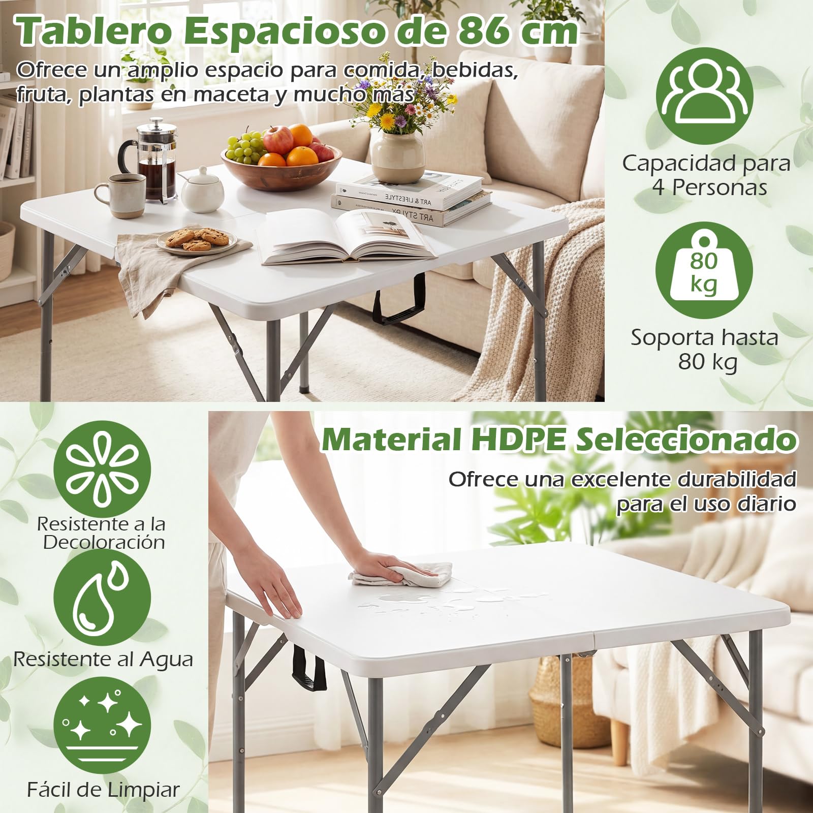 COSTWAY Mesa Plegable Picnic, 86 x 85,5 x 75 cm, Cuadrada | Mesa Camping Portátil de HDPE, Asa de Transporte, Fácil de Montaje, Interior Exterior Jardín Terraza Playa Cocina, Blanco