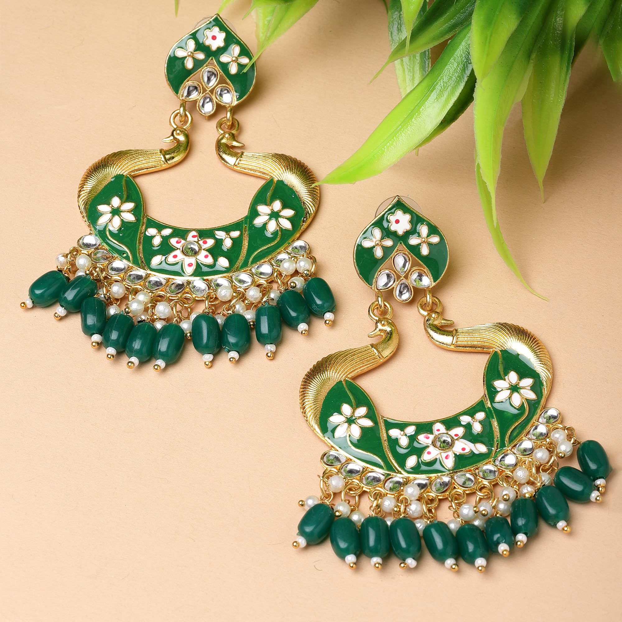 Gold-Plated Kundan & Pearls Peacock Drop Earrings