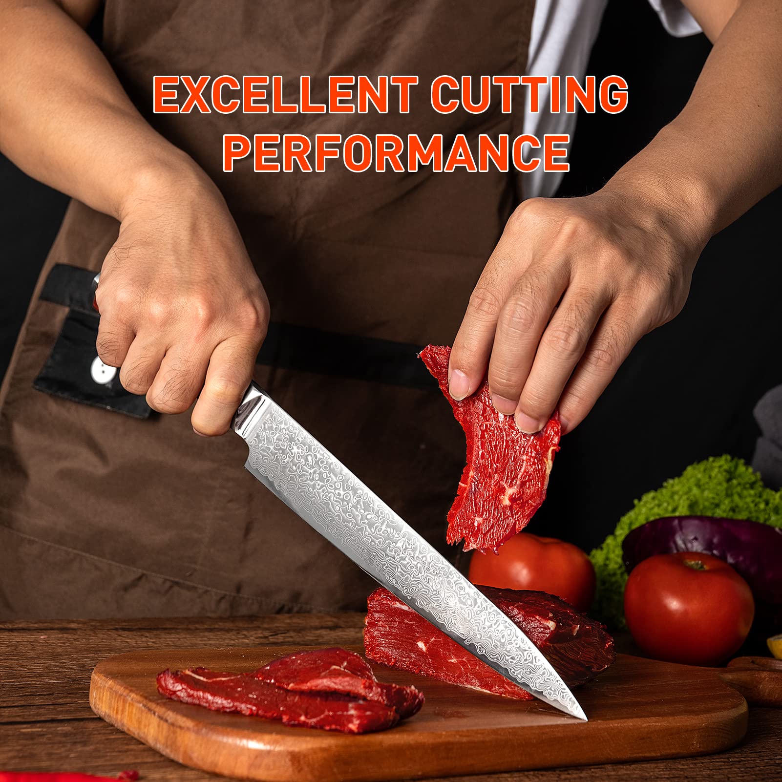Slicing Knife 8 inch Damascus VG-10 Super Steel 67-Layer Damascus Slicing Carving Knife with Hexagon Natural Wood Handle for Beautiful Thin Slices of Pork, steak, brisket, and Poultry — Amazon image 5
