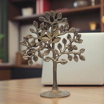Pure Brass Kalpavriksha Tree Showpiece for Home Decor, Spiritual Good Luck Wish-Granting Tree Statue, 7.5"Inch Vastu Feng Shui Decorative Handmade Brass Tree Gift for Office, Living Room, Temple