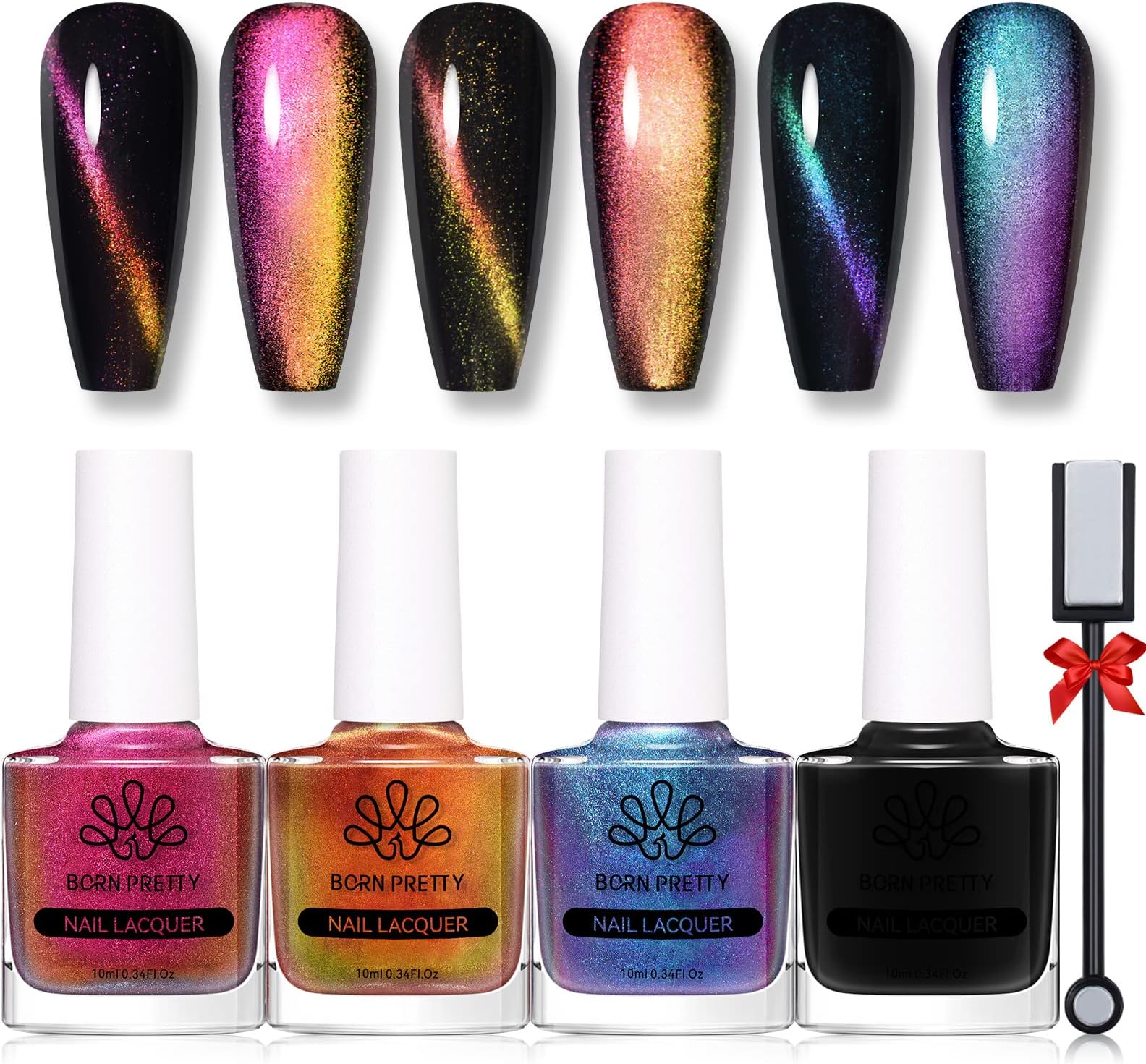 BORN PRETTY Cat Magnetic Nail Polish Set 3D Cat Chameleon Polish 3 Colors With Black Polish Magnet Stick 6ml 4 Bottles