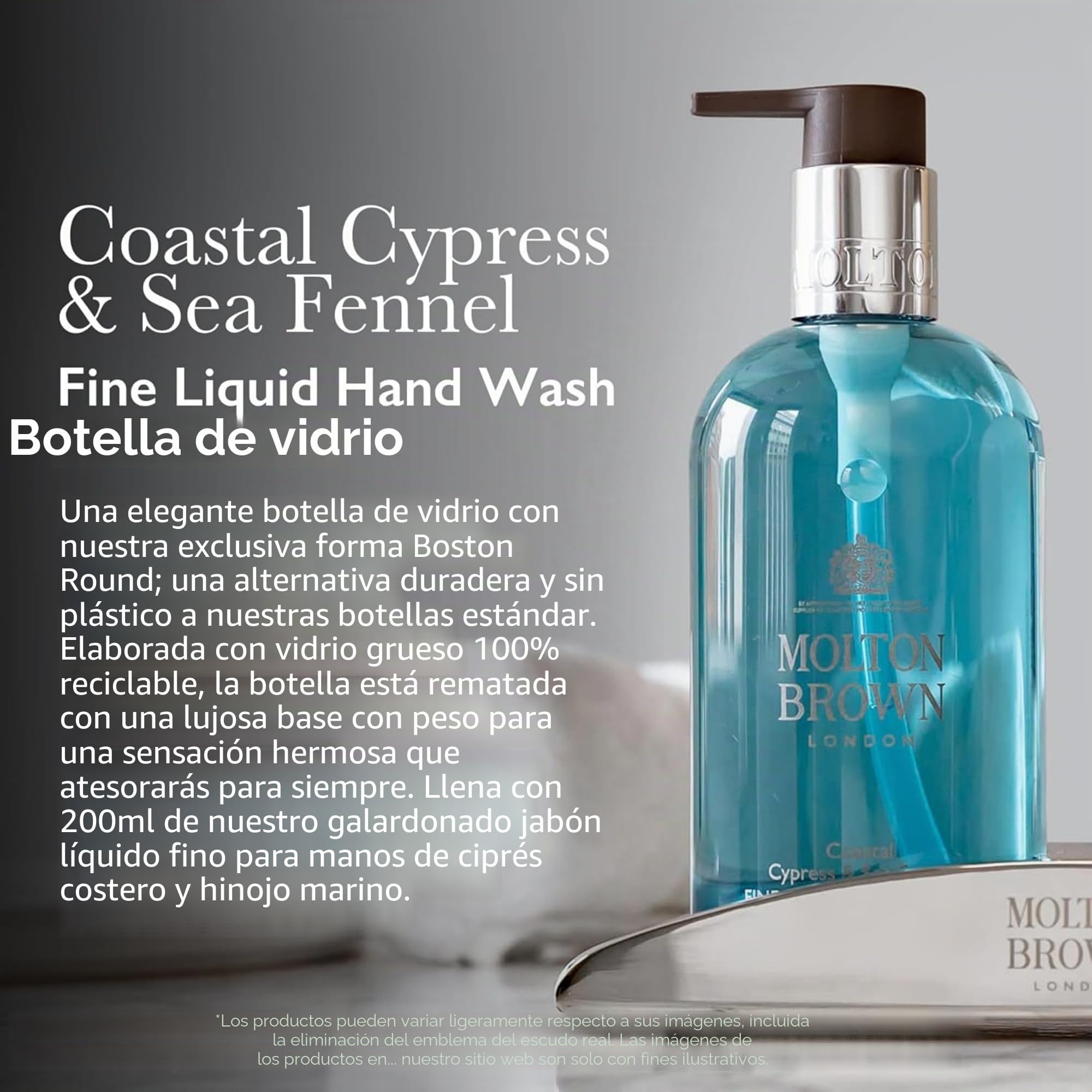 Molton Brown Coastal Cypress and Sea Fennel - Botella de cristal para jabón líquido fino de manos, 200 ml