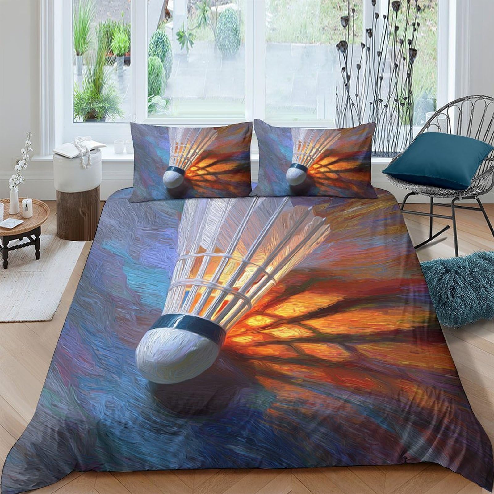 Ctjqhvkz Style-3 3D Printed Badminton Shuttlecock Fitted Sheet Microfiber Soft Artistic Sunset Bed Cover For Bedroom Guest Room Decor Single（135X200cm）
