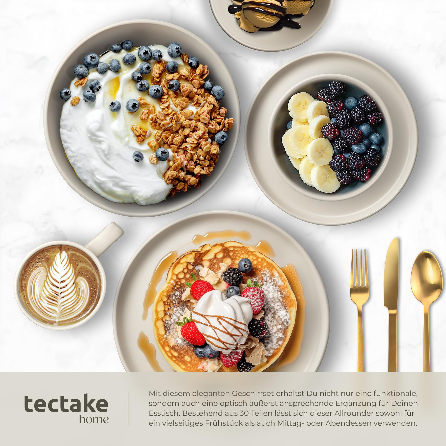 tectake® 30-tlg. Kombiservice, Geschirrset, Tafelservice 6 Personen, Steingut Geschirr Set, Teller Set mit Schalen, Kaffeetassen, Speiseteller, Frühstücksteller, tiefe Teller und Schüsseln - taupe