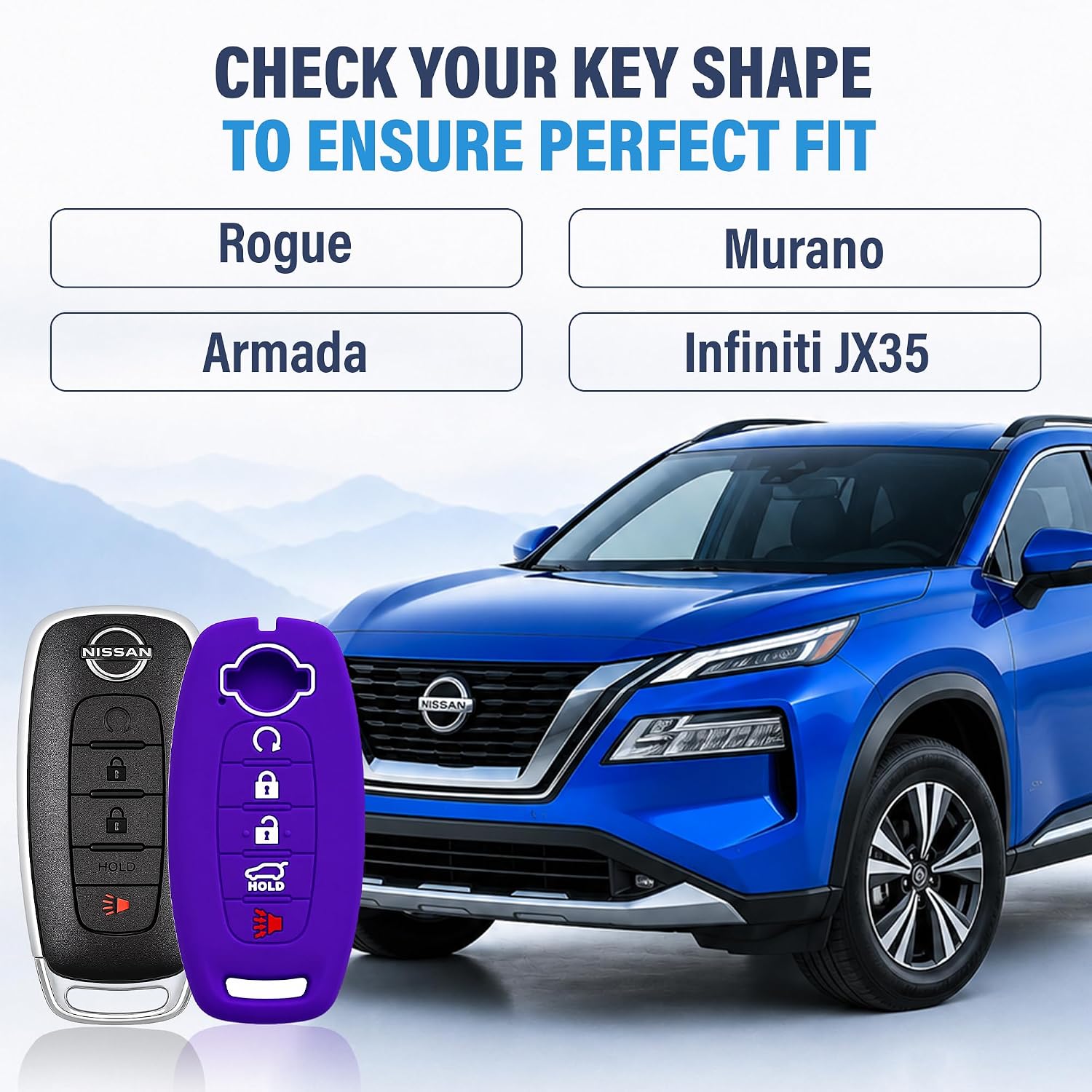 Autobase Silicone Key Fob Cover for 2023 2024 2025 Nissan Rogue Pathfinder Sentra | Rubber Remote Key Fob Protector Case with 5 Buttons - Black and Purple - 2 Pcs