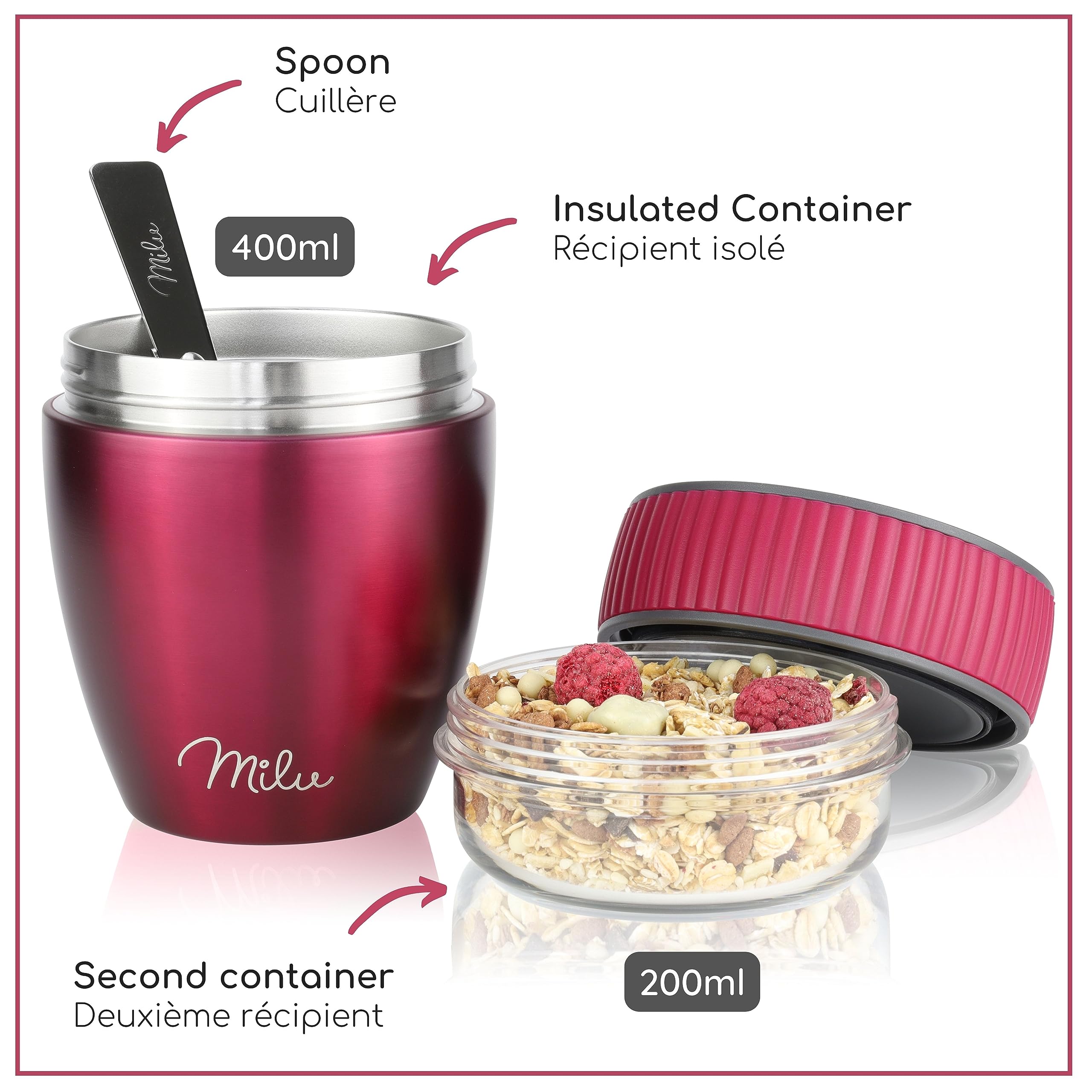 Milu Gobelet Isotherme Yaourt 400 Ml Acier Inox – Anti-Fuite Avec Cuillère Pliable – Rose – Parfait Muesli Porridge
