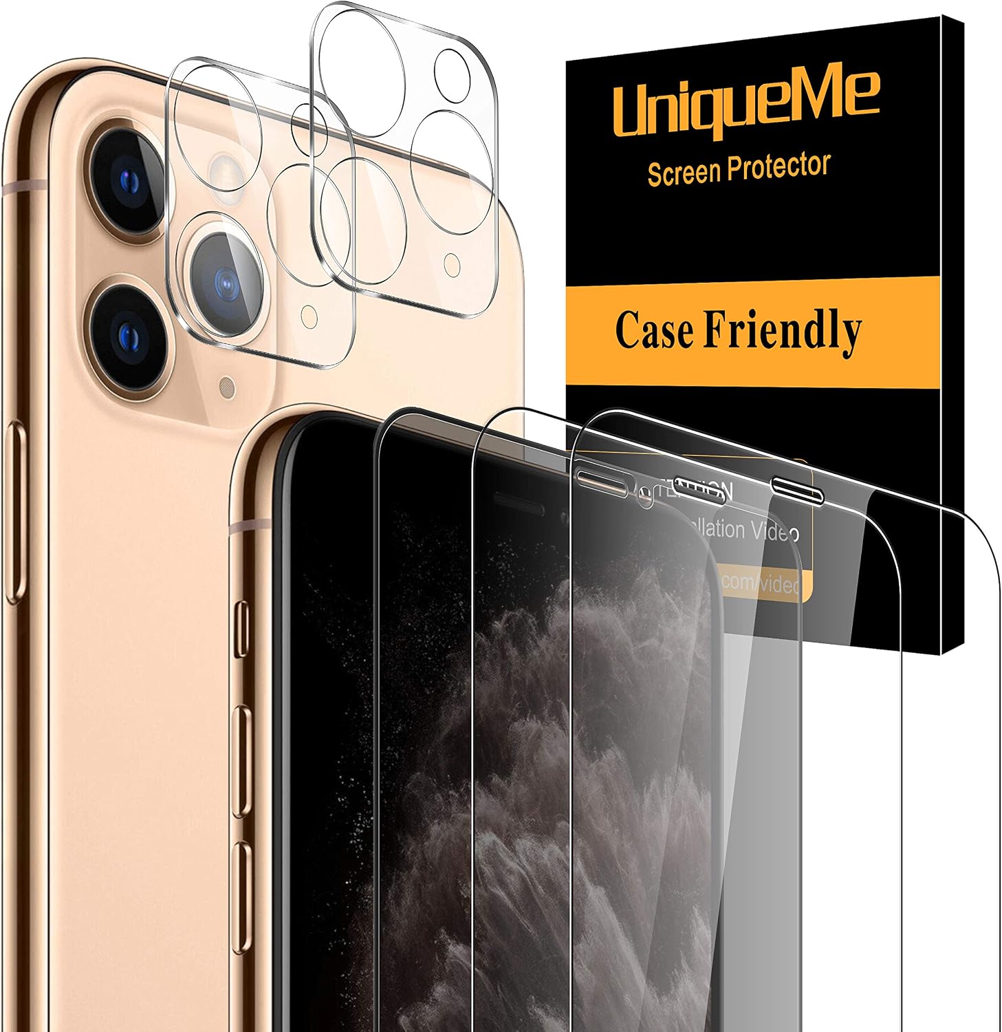 [5 Pack] UniqueMe 1 Pack Tempered Glass Privacy Screen Protector +2 Pack Clear Screen Protector+2 Pack Camera Lens Protector 9H Hardness for iPhone 11 Pro(5.8 inch)