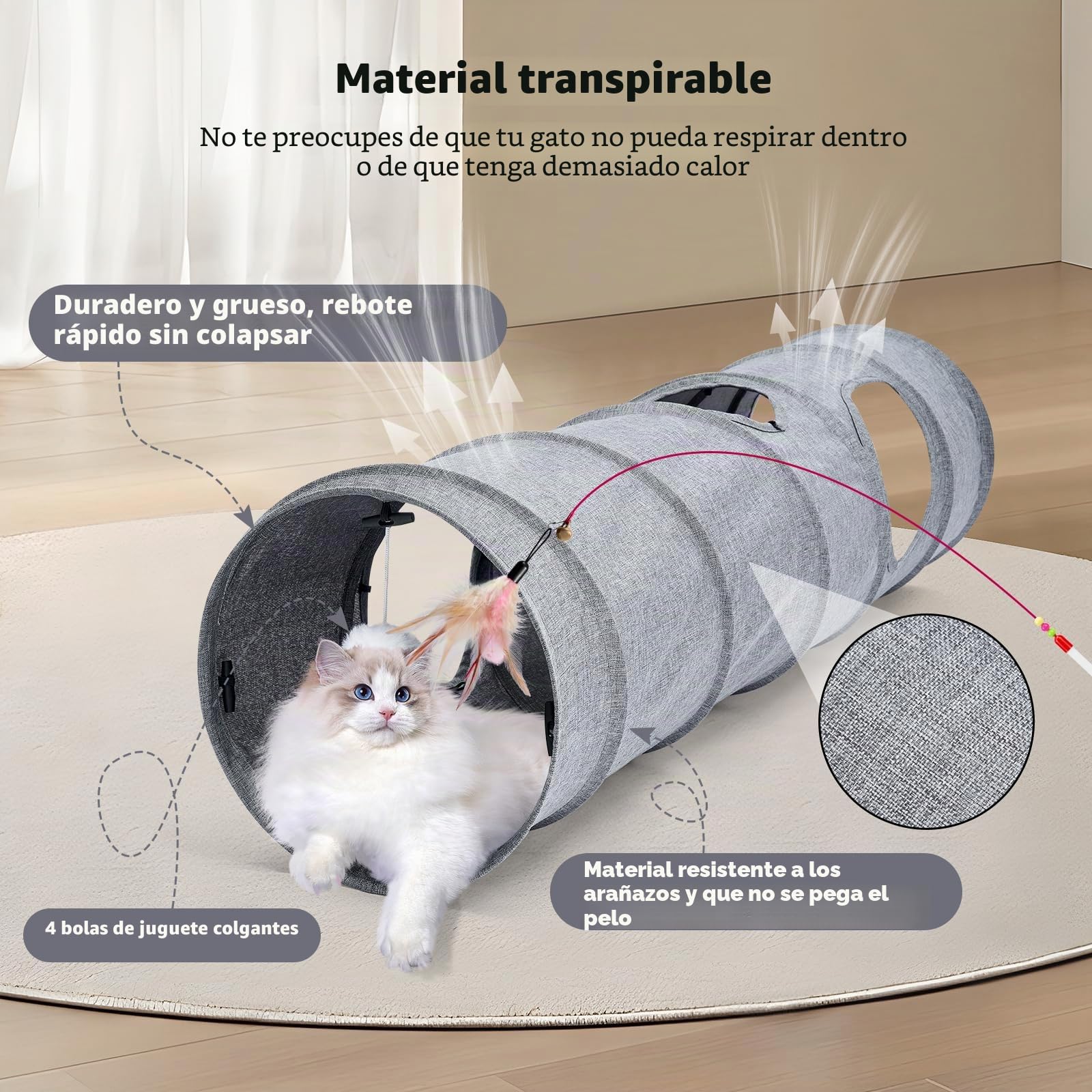 Túnel para gatos, 3 túneles de forma recta, 6 formas de bricolaje con juguetes de varita, sin ruido, resistente a los arañazos, tela de lino fresco, tubo interactivo para gatos de interior, cachorros
