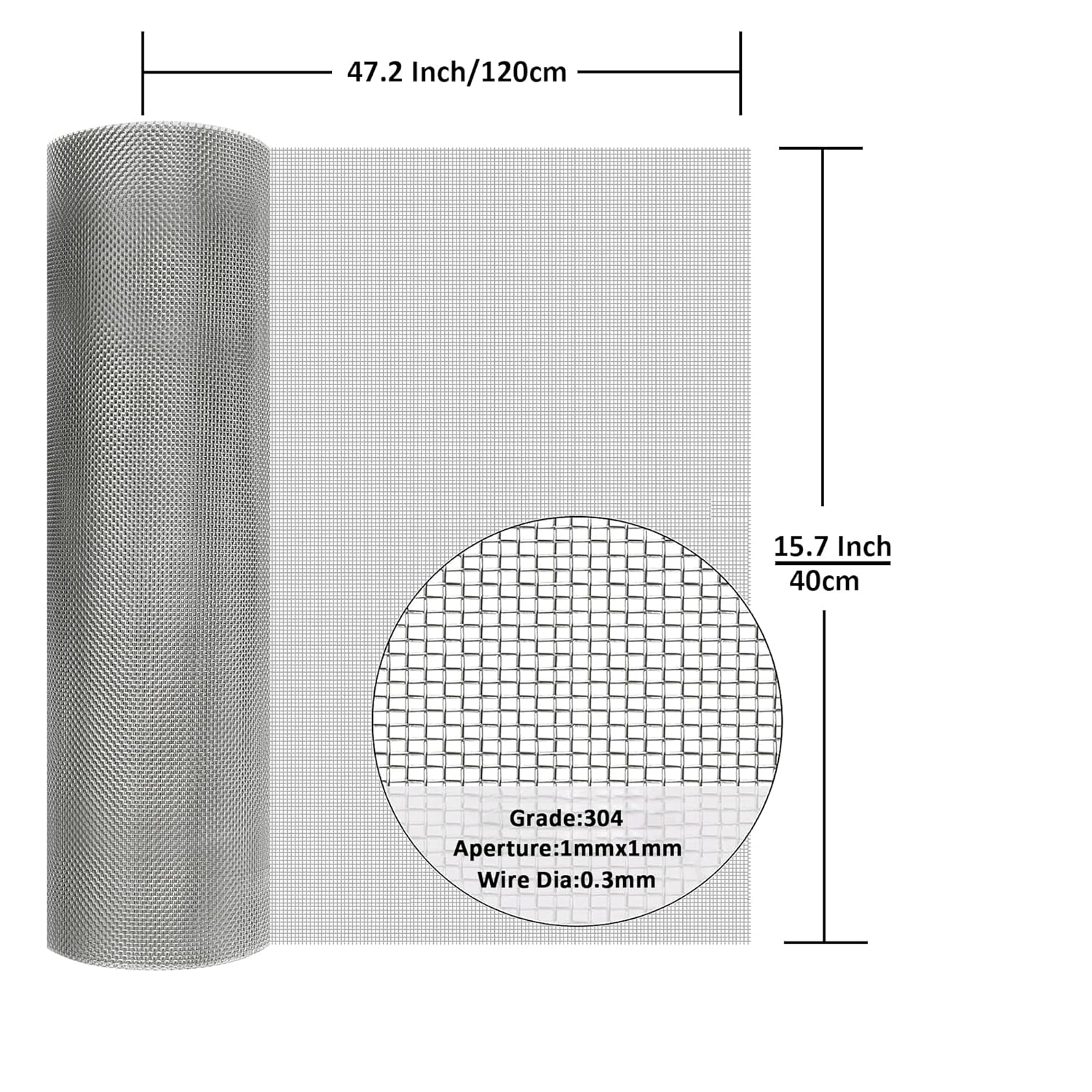 304 Stainless Steel Mesh Screen#20Mesh -Size:15.7"x47.2"(40x120cm), for Home, Garden and Farm. Window or Door Filter, Guards Against Pests Like Mice, Snakes, and Rodents. Easy to Cut and Install.