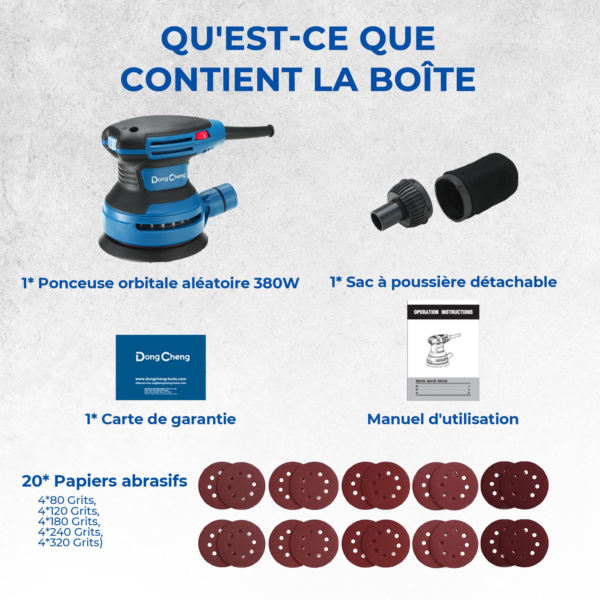 DongCheng Ponceuse Excentrique 380W Professionnelle,20 Disques Abrasifs et Sac à Poussière, Compatible Aspirateur,125mm Ponceuse orbitale,6 Vitesses 8000-12800 tr/min pour le Ponçage Bois et Finitions