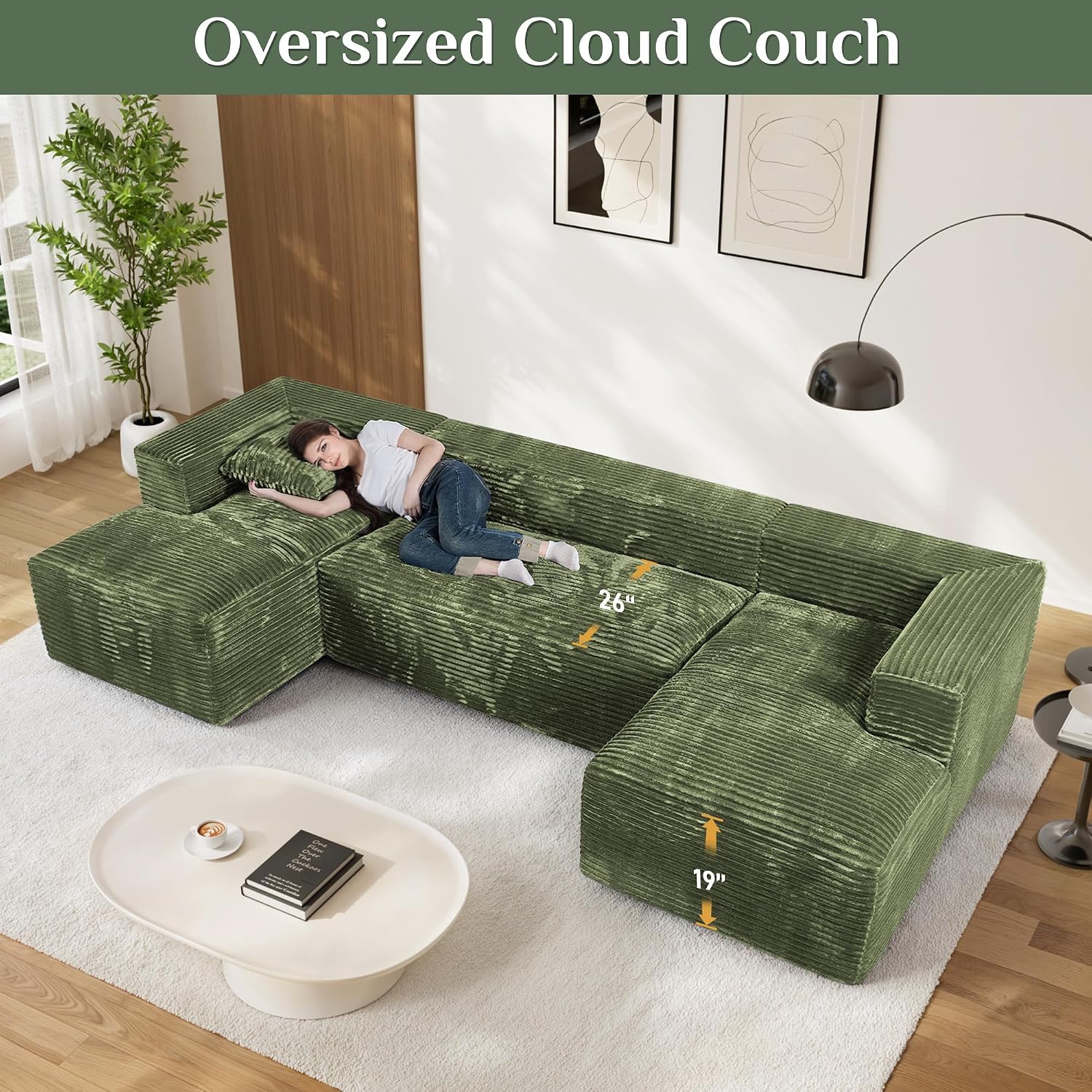 131" Oversized U Shaped Cloud Sectional Couches for Living Room, Comfy Fluffy Corduroy Green Boneless Sectionals Couch, Plush Memory Foam Modular Sectional Sofa with Chaise- 19" Seat Height thumbnail