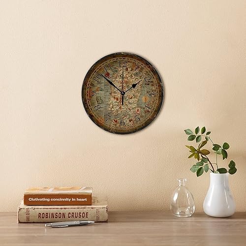 Miniatura 4 de Reloj de pared de madera de 10 pulgadas, silencioso, fácil de leer, estilo vintage, mapa del viejo mundo, reloj redondo de madera, estilo rural,
