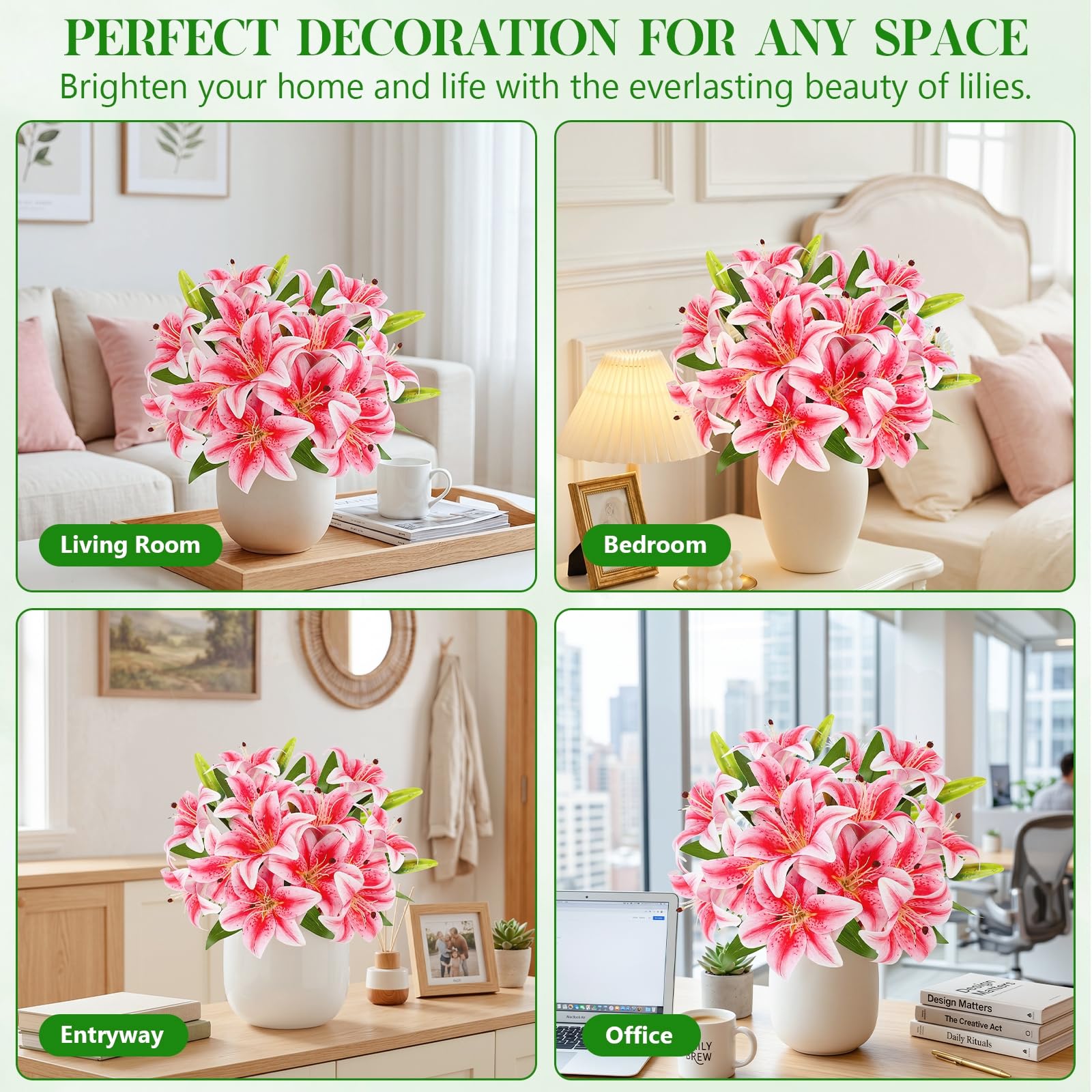 TYL&TYS 6PCS Artificial Lilies Flower Set, 3D Printing Realistic Fake Lilies with 12 Heads and 6 Buds - Image 6