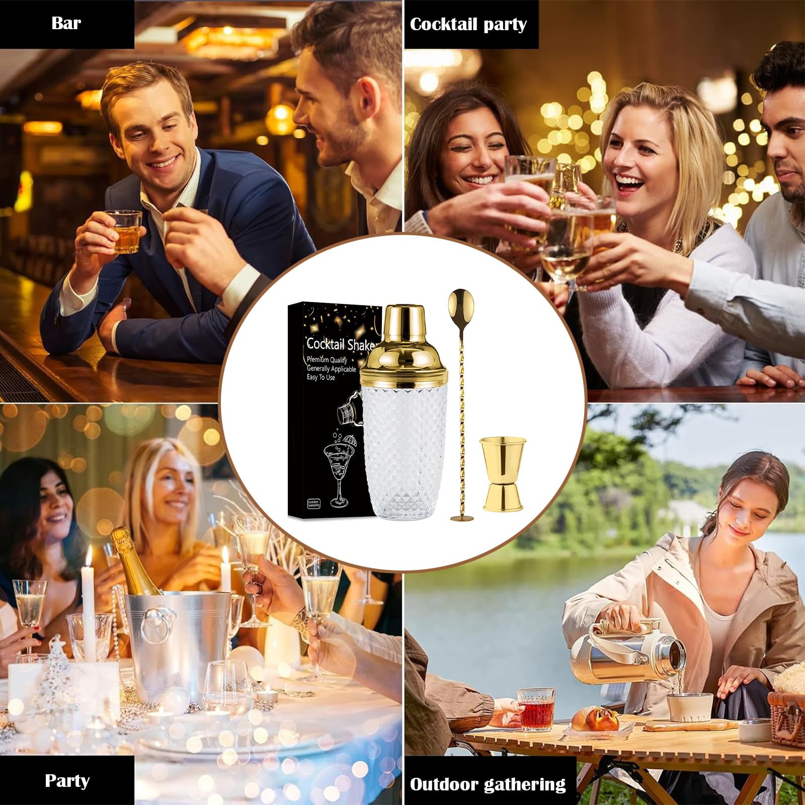 Set Di Shaker per Cocktail In Vetro 400ml, Shaker Da Cocktail In Vetro Trasparente, 400 Ml Shaker In Cristallo, Con Misurino e Cucchiaio, per Bar Domestici, Bevande a Base Di Succhi Di Frutta, Oro