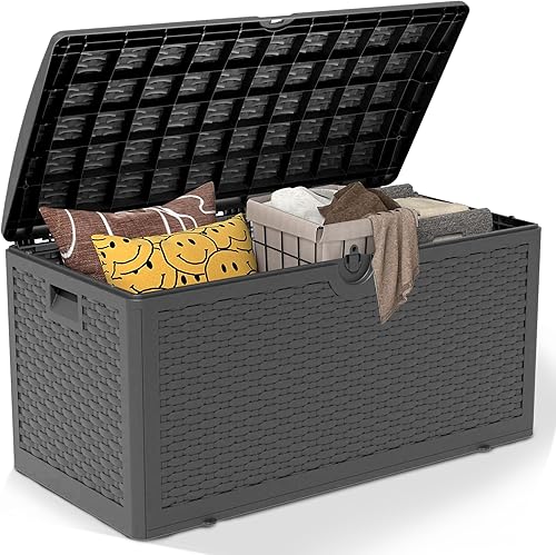Miniatura 17 de Caja de almacenamiento para exteriores de 320 galones, impermeable, con cerradura, de resina, grande, contenedor de almacenamiento para patio,