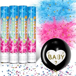 Gender Reveal Powder Confetti Cannon and Confetti Balloon-100% Safe Biodegradable Boy or Girl Confetti Smoke Cannons- Baby Shower Poppers Party Ideas and Supplies (2 Pink, 2 Blue and 36'' Balloon)