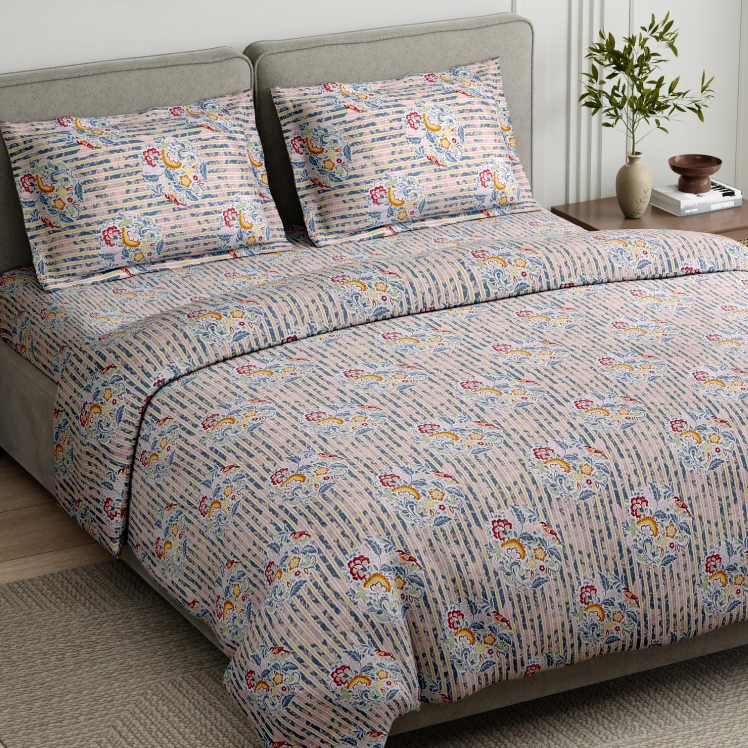 haus & kinder Double Bedsheet for Queen Size Bed | 90 x 100 Inches 186 TC Cotton Bedsheet for Double Bed with 2 Pillow Covers - Whispering Song Bird