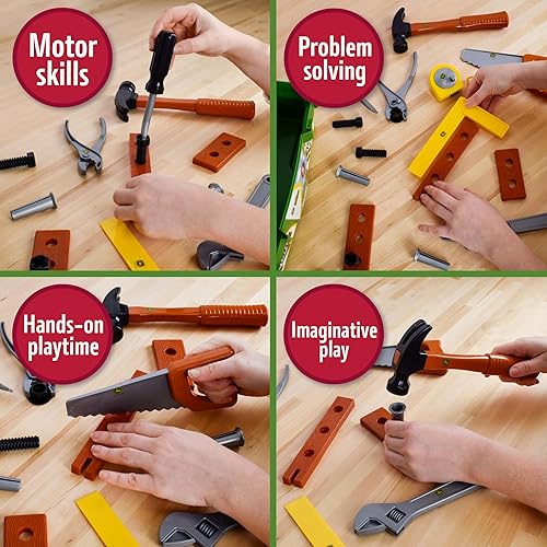 Miniatura 5 de John Deere Caja de herramientas de lujo de 18 piezas, juego de construcción con cinta métrica y herramientas, juguetes de construcción interactivos,