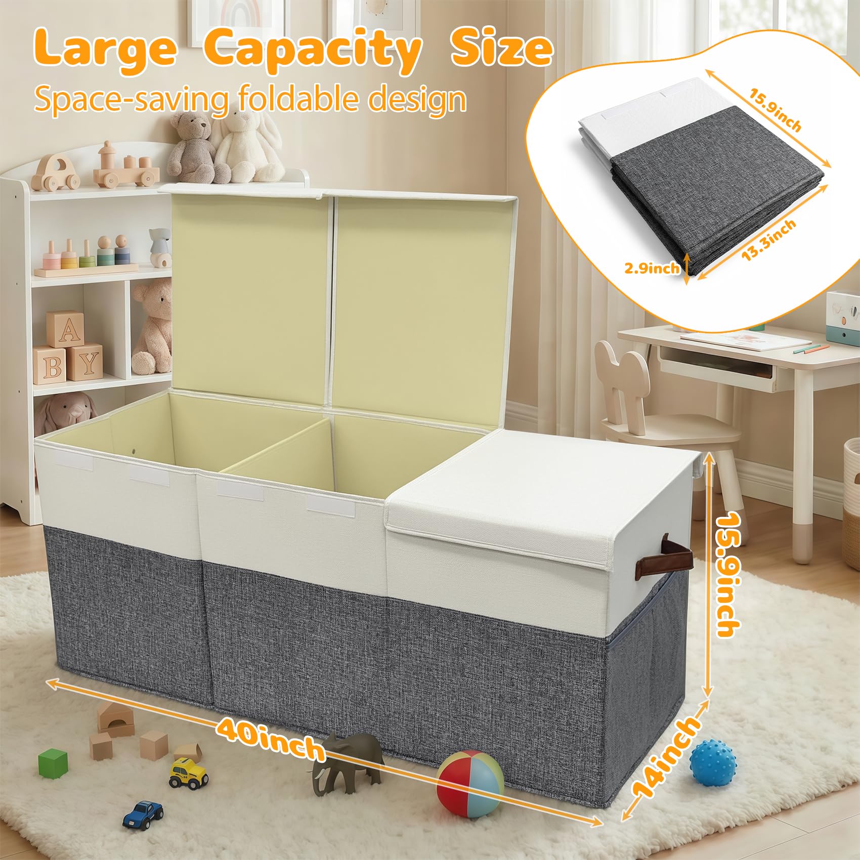 Extra Large Toy Storage Box with Lid, Collapsible Kids Toy Box, Sturdy Toys Storage Chest Bin Organizer Basket with Dividers for Kids, Boys, Girls, Living Room, Bedroom, Nursery, Playroom, 40"x14"x16" - 2