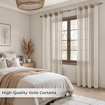 MRTREES Beige Net Curtains for Windows, Short Sheer Voile Eyelet Curtains for Bedroom Living Room Cafe Kitchen, 2 Panels Semi-Transparent Window Treatments 117x137 CM 46x54 Inch Beige
