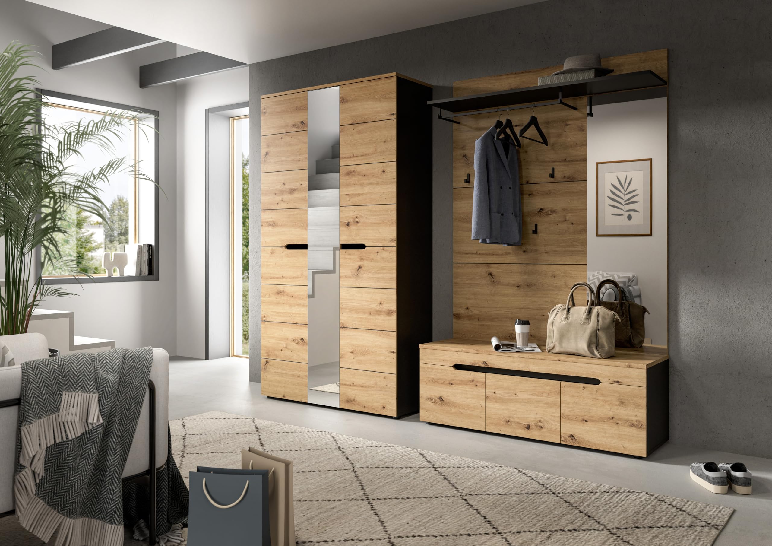 xonox.home – Sitzbank Canu 120x43x37 cm in Artisan Eiche und Basalt grau – Schuhbank mit 3 Türen, 4 Fächern & verstellbaren Böden – Bietet Platz für ca. 10 Schuhpaare & eine stabile Sitzfläche im Flur