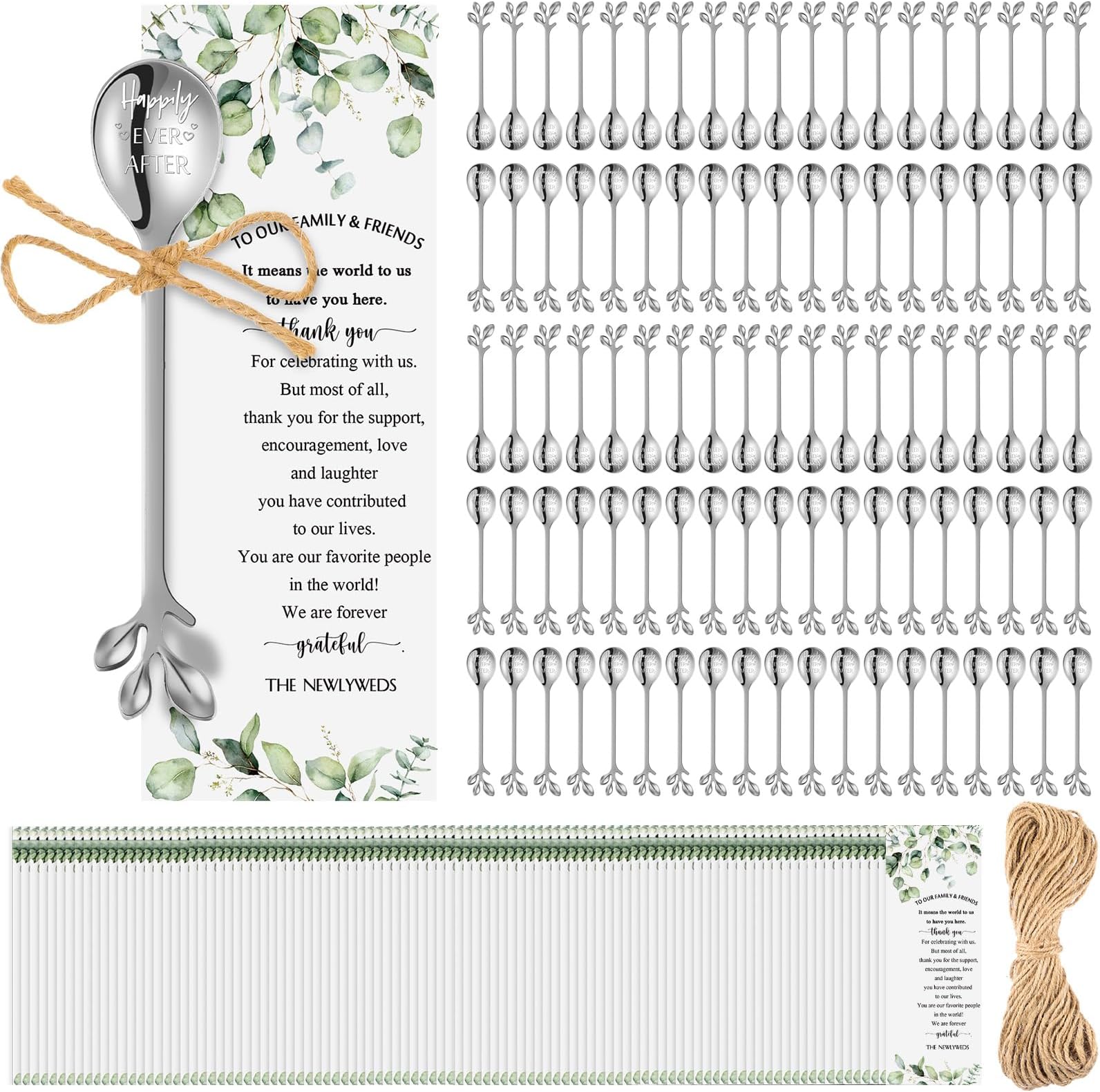 Tioncy 100 Pcs Wedding Favors for Guests Tea Spoons 4.9 Inch Silver Stainless Steel Leaf Dessert Teaspoon Tea Coffee Party Favors with Thank You Cards for Wedding Bridal Shower Party Gift Souvenir