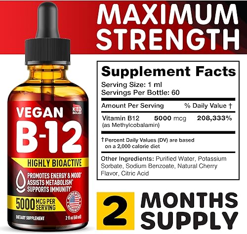 Miniatura 2 de Paquete de 2  B12 Sublingual Gotas de 5000 mcg  Hecho en Estados Unidos  Vitaminas B12 veganas para energía, estado de ánimo y memoria  Gotas