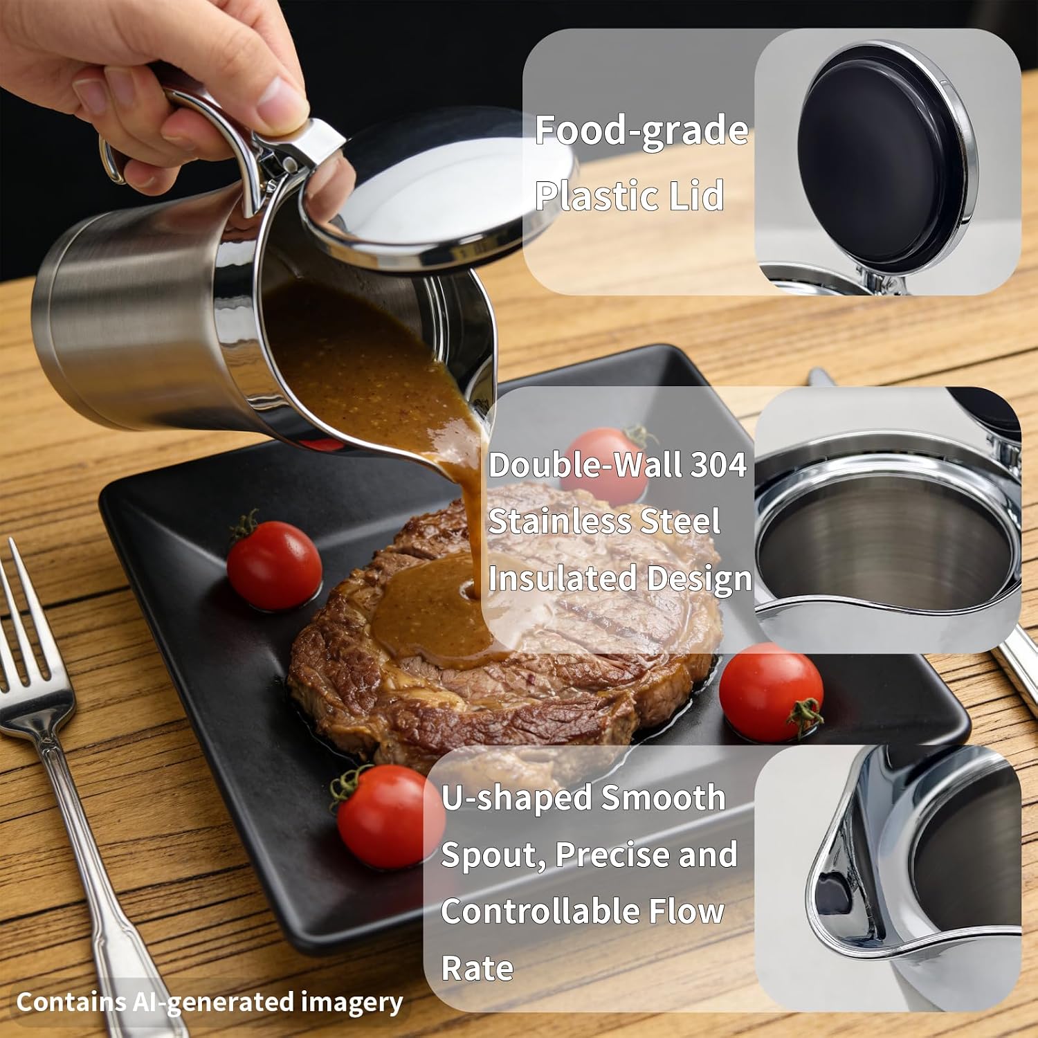 25 Oz Stainless Steel Thermal Gravy Boat with Lid, Double Insulated Gravy Sauce Jug for Party, Family Dinner, Thanksgiving, Halloween, Christmas, Premium Kitchen Gadgets