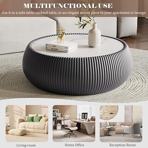 Miniatura 128 de Mesa auxiliar redonda moderna, mesa auxiliar de sofá de mármol sintético con base cubierta de cuero sintético en forma de cuenco, mesa auxiliar