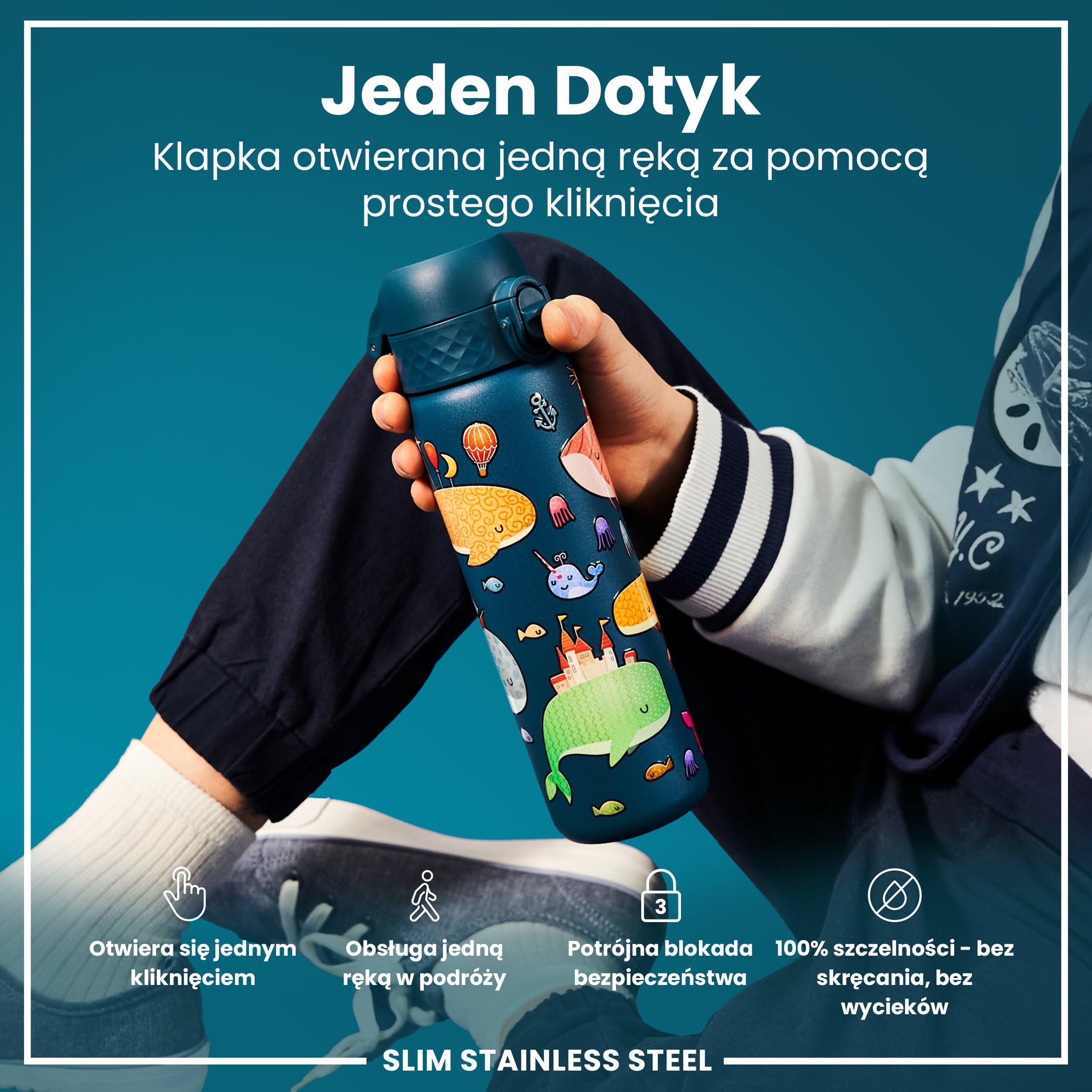 ION8 Butelka na Wodę ze Lekki Stali, 600 ml/20 oz, Nieocieplany, Szczelna, Łatwe Otwieranie, Bezpieczny Zamek, Można Myć w Zmywarce, Higieniczne Pokrycie, Składany Uchwyt, Wieloryby