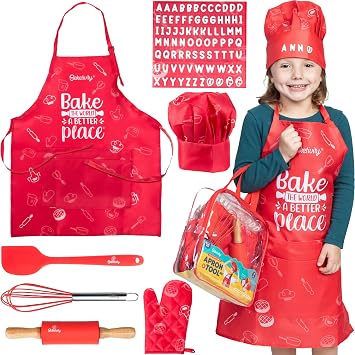 Baketivity Kids Chef Hat and Apron Set for Boys & Girls - One Size Fits All Adjustable - Premium, Washable Apron and Hat Set for Cooking - Young Chefs & Junior Bakers Chef Outfit for Kids