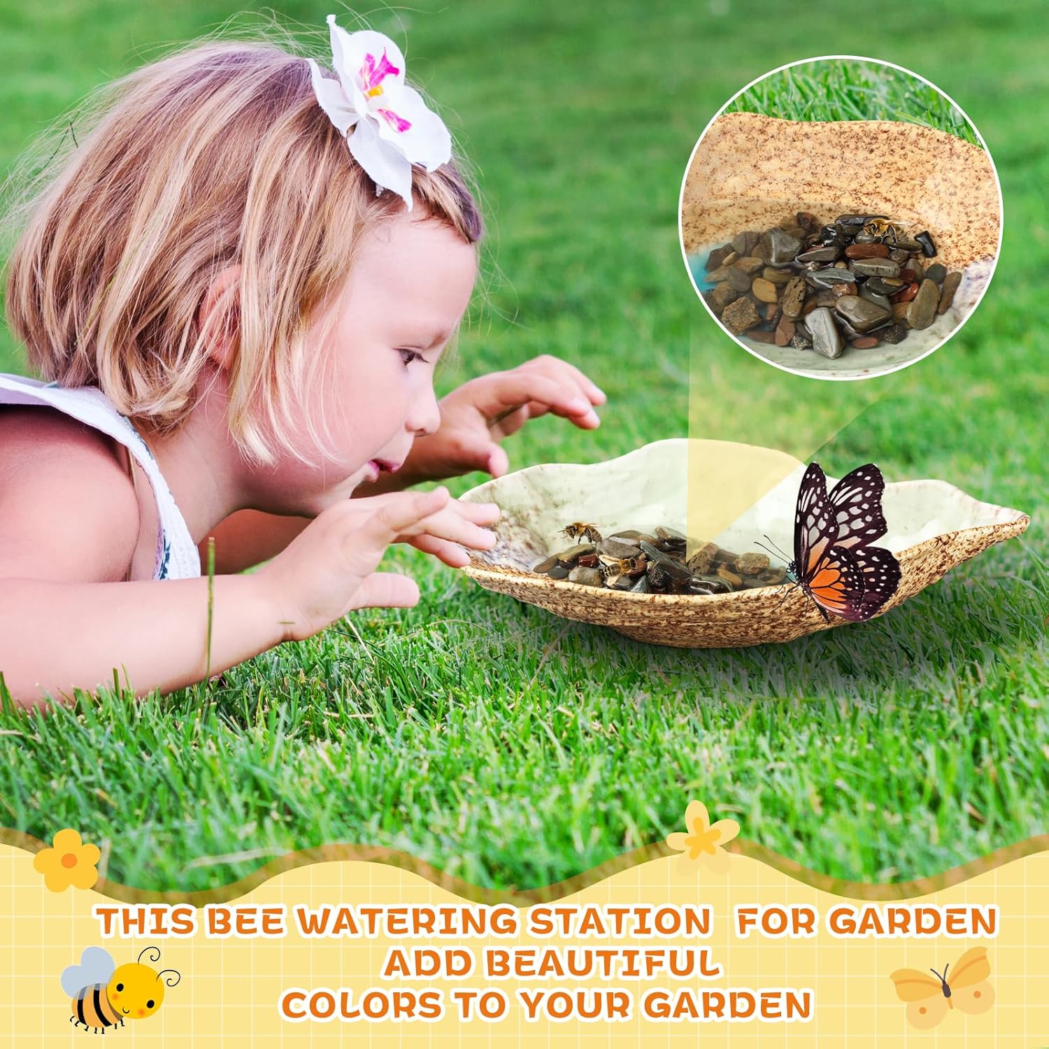 DoubleFill Butterfly Watering Station Outdoor Bee Feeder Watering Butterfly Puddler Stone with Mineral River Rock, Lawn Decoration Insects Ceramic Bowl, Bee Water Station Home Yard Garden