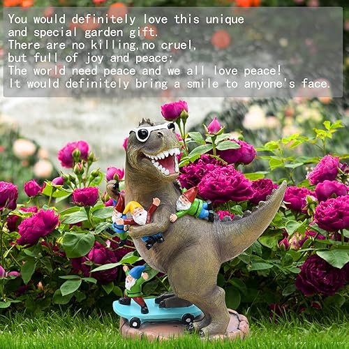 Miniatura 9 de ACHYHAVIN Estatua de jardín para decoración al aire libre, monopatín de dinosaurio genial con figuras de gnomos, decoración para interiores y