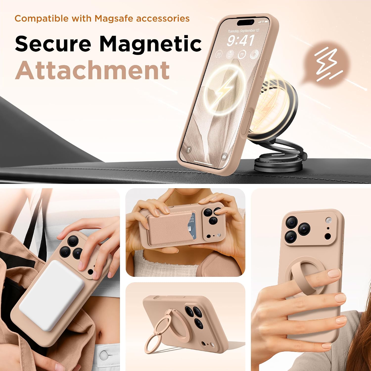 GolbinBox Magnetic for iPhone 17 Pro Case, Compatible with MagSafe, [Full Camera Protection] [Screen Protector], Silicone Shockproof Phone Cover with Anti-Scratch Microfiber Lining, Nude Taupe thumbnail