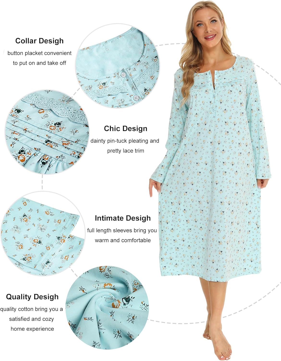 Bloggerlove Nightgowns for Women Soft 100% Cotton House Dress Short/Long Sleeve Night Gowns Comfy Sleepwear S-3XL - Image 3