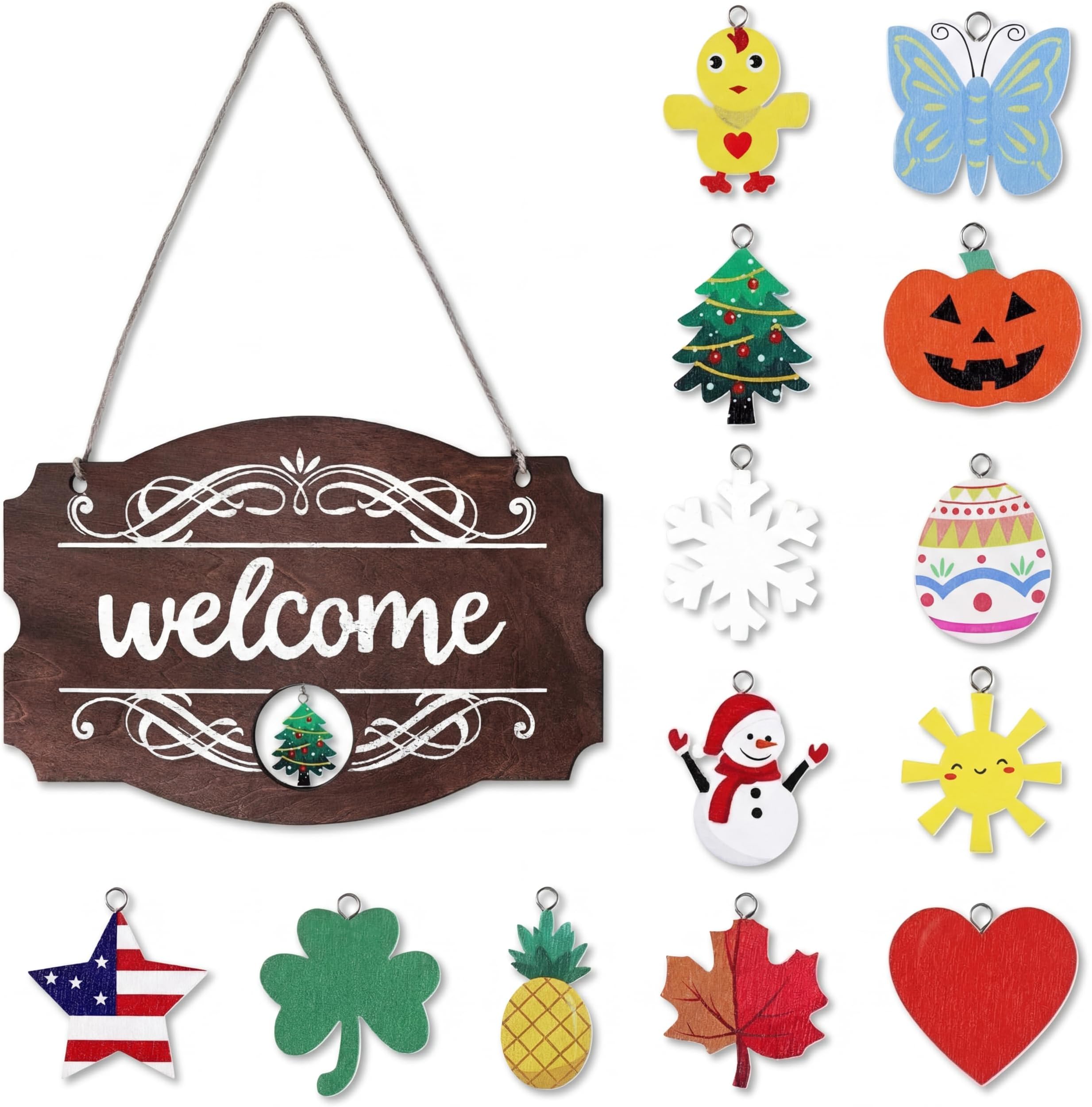Jetec Interchangeable Seasonal Welcome Sign Front Door Decoration, Rustic Farmhouse Welcome Sign Easter Wood Wall Hanging Outdoor, Porch for Spring Summer Fall Winter (Brown with White Letters)