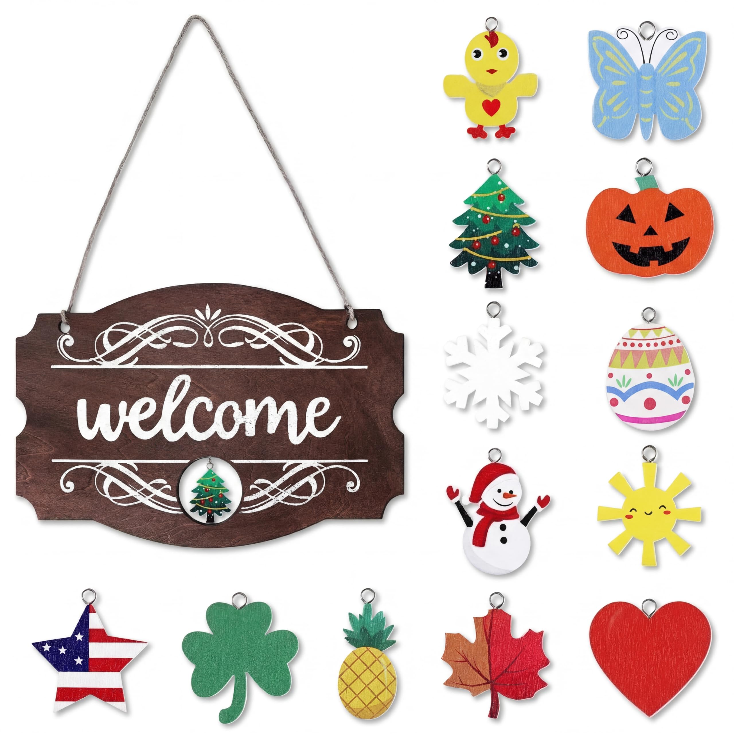 Jetec Interchangeable Easter/winter Welcome Themed Sign Front Door Decor, Rustic Wood Wall Hanging Outdoor, Farmhouse, Porch for All Seasons(Brown with White Letters)