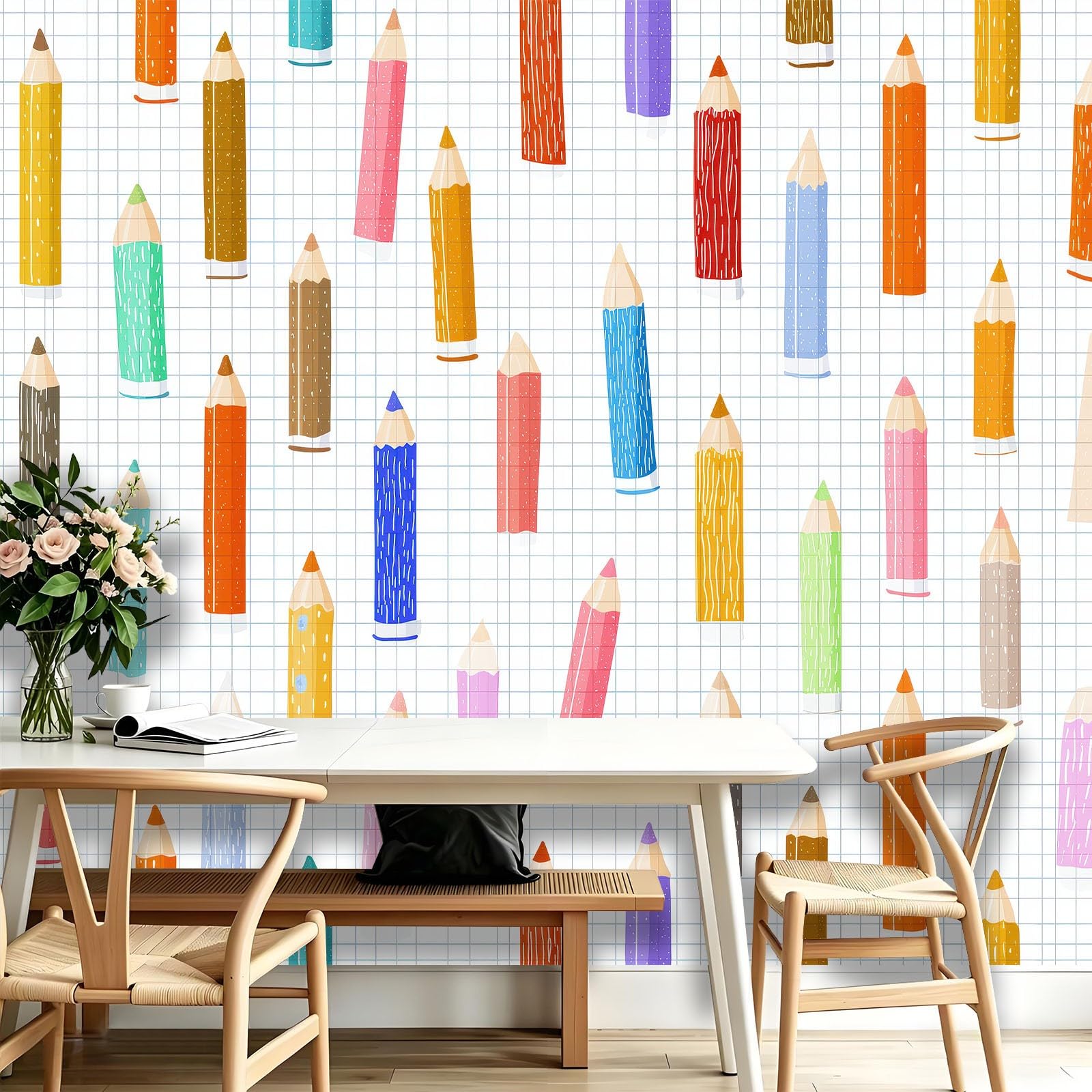 Générique Carta da parati in tessuto non tessuto, 350 x 256 cm, motivo: quaderno a quadretti, foto panoramiche, decorazione da parete, facile da applicare per soggiorno, camera da letto cucina
