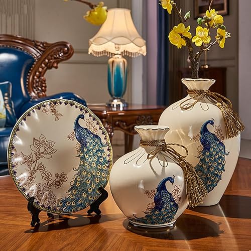 Miniatura 2 de Juego de 3 decoraciones de jarrón de cerámica de lujo, arreglo floral de pavo real, gabinete de vino, sala de estar, dormitorio, gabinete de TV,