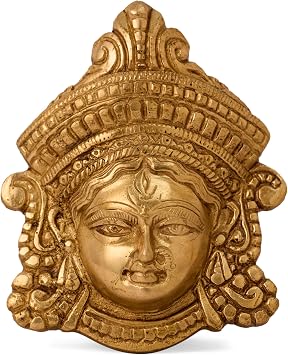 GURU JEE Brass Durga MATA Face Statue MATA Rani Ma Durga Wall Decor Maa Durga Face Idol for Home Decor Puja Temple Mandir Showpiece Gifts, Gold, Small, MN-JGJ-Durga-F-S