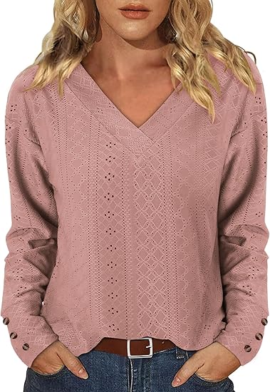 KISSMODA Long Sleeve Fall Shirts For Women V Neck Tunic Tops Embroidered Button Down Knitted Blouses 2025