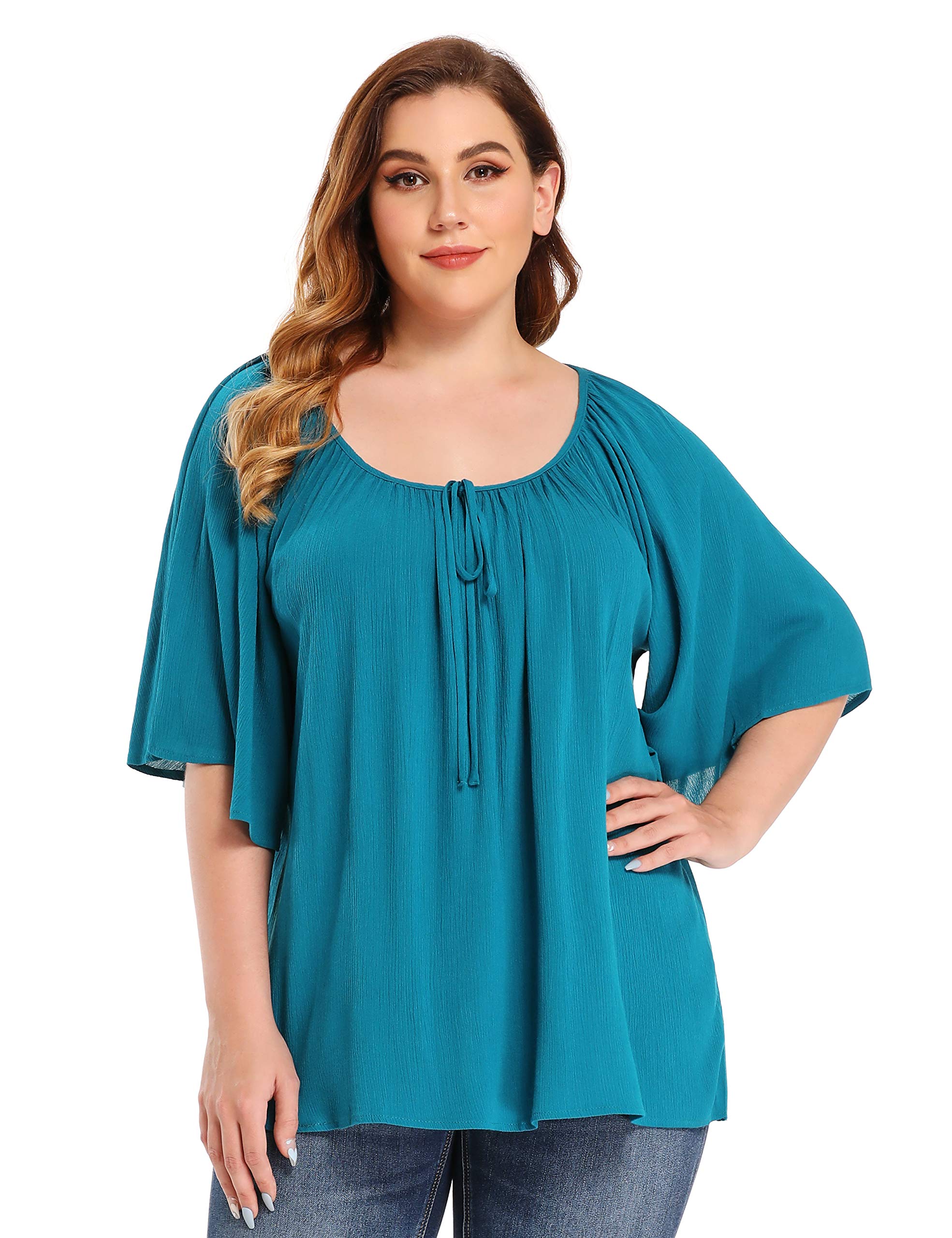 Photo 1 of Womens Plus Size Tops Ruffle Elbow Sleeve Flowy Pleated Scoop Neck Loose Casual Blouses Large Blue