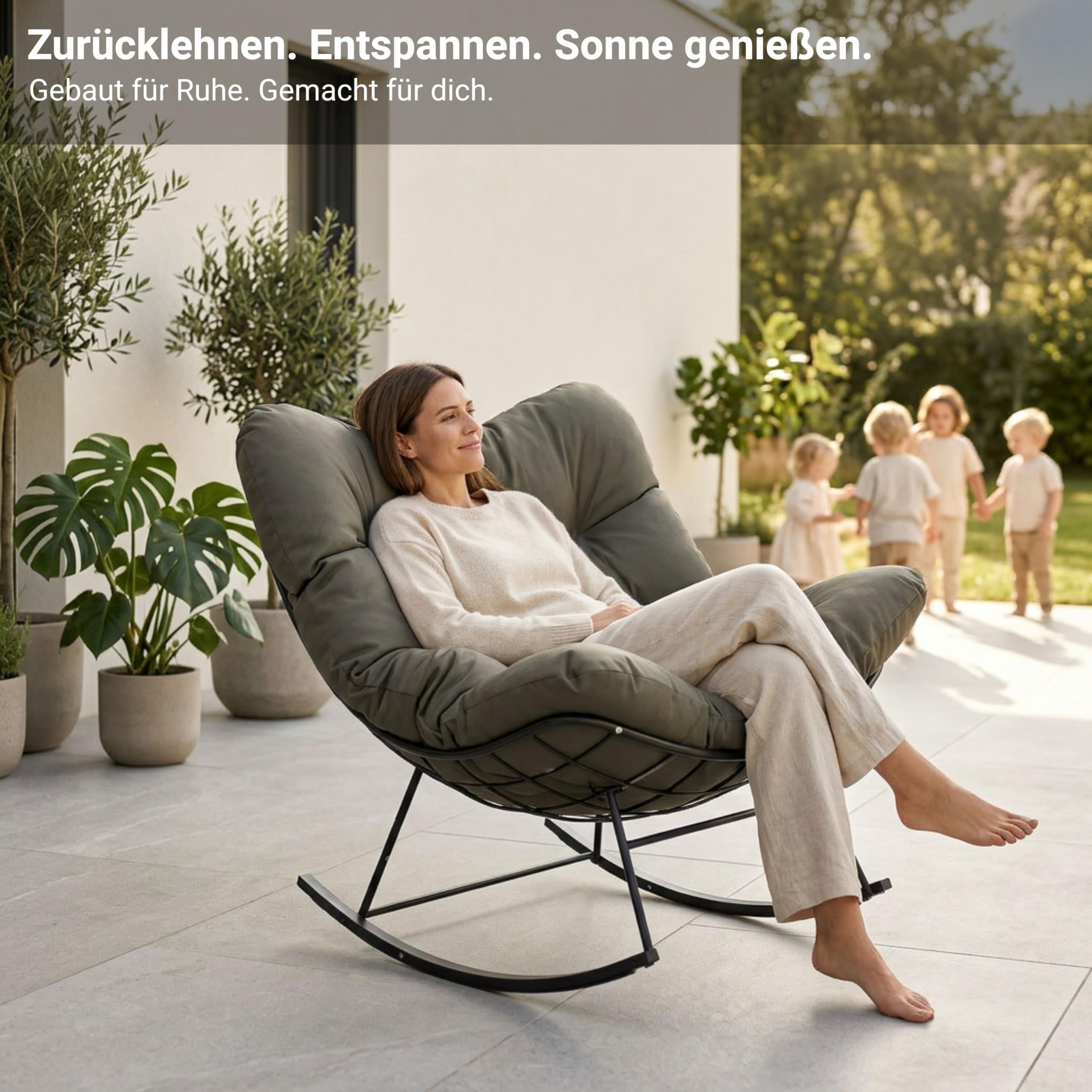 novaterra® Moderner Schaukelstuhl mit großem Komfort Kissen – ergonomischer Relax Schaukelstuhl hochwertig, gepolstert & ideal für den Garten, Lesen & Entspannen